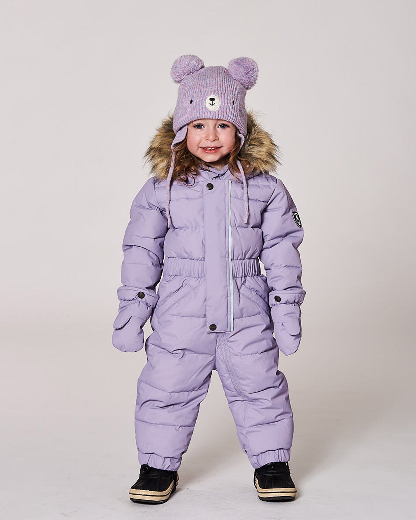 Lined Baby Knit Hat With Pompoms Purple Gray