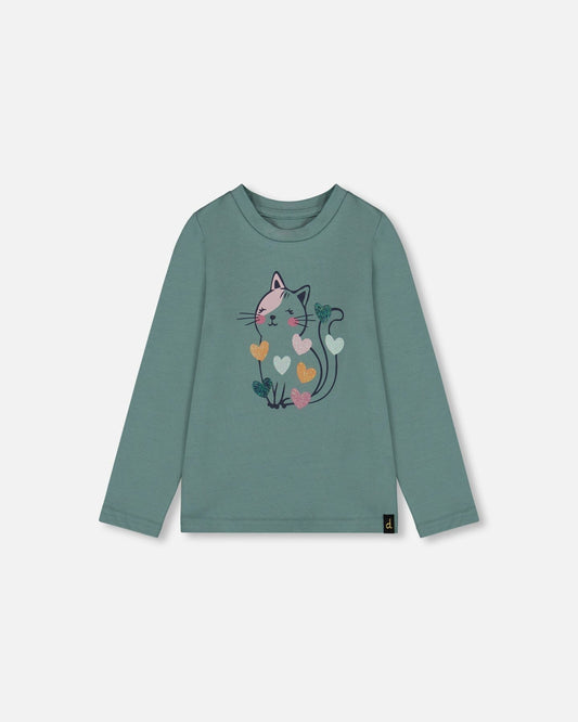 Organic Cotton T-Shirt Sage With Cat