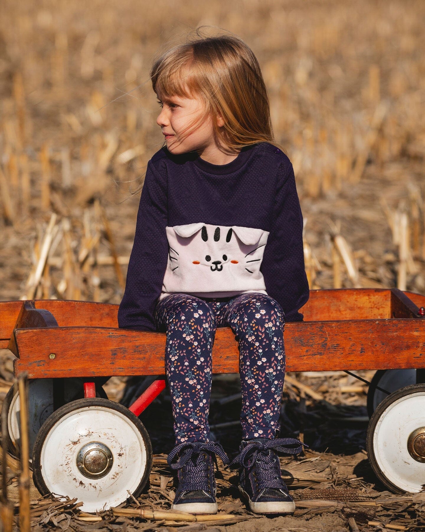 Long Bi-Material Top Dark Blue With Cat