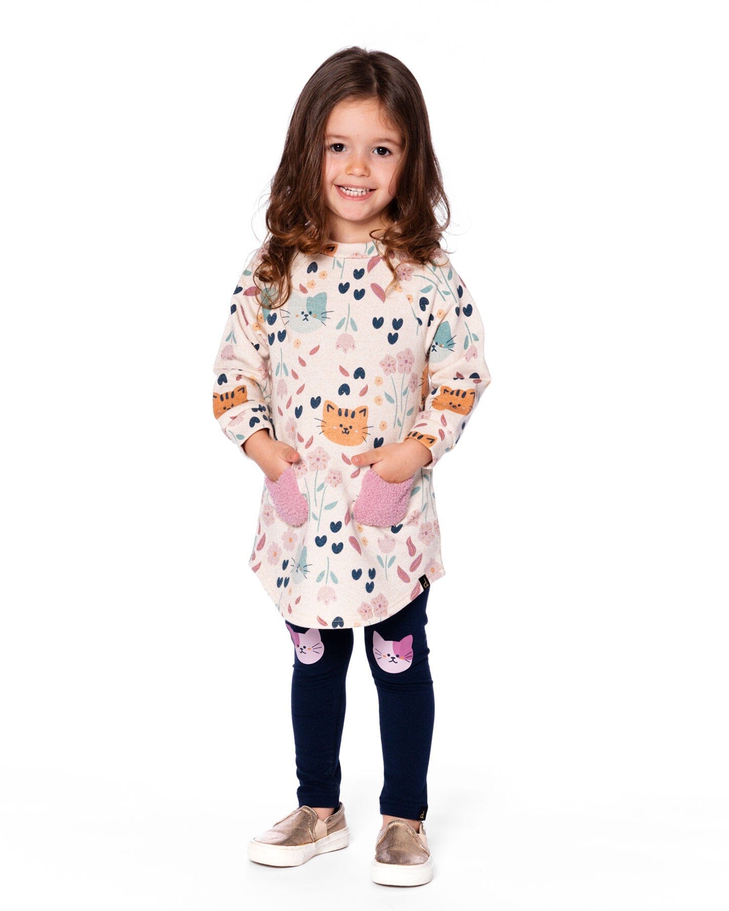 Glittering French Terry Dress Beige Printed Cat