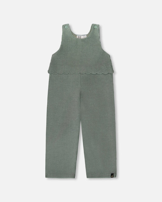 Stretch Velour Faux-Layered Overalls Jade Green