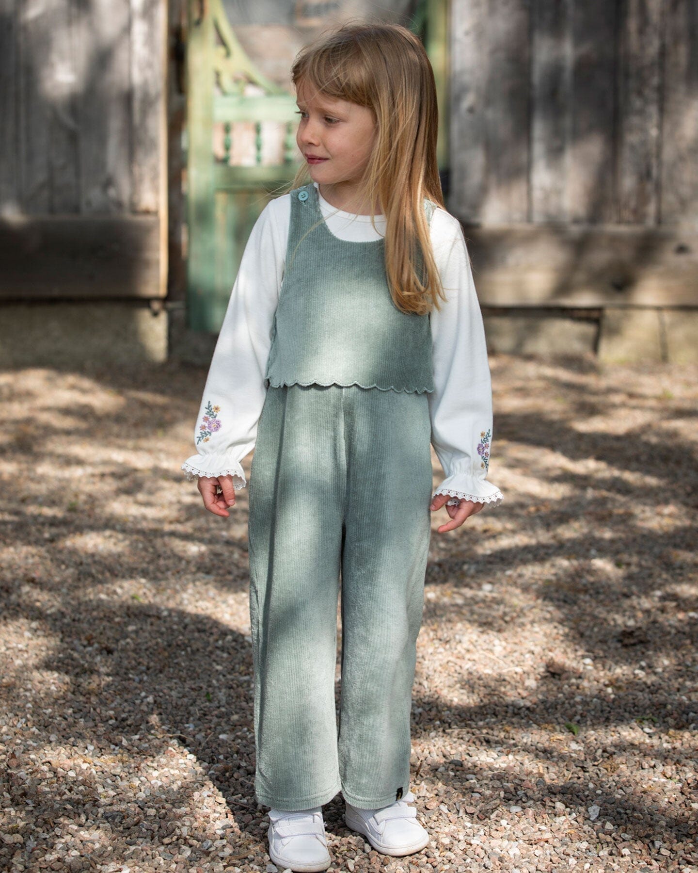 Stretch Velour Faux-Layered Overalls Jade Green
