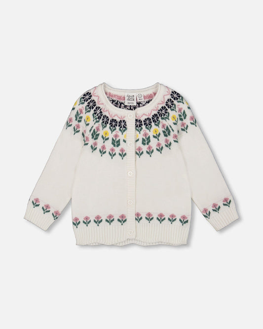 Jacquard Knit Cardigan Off-White With Floral Pattern