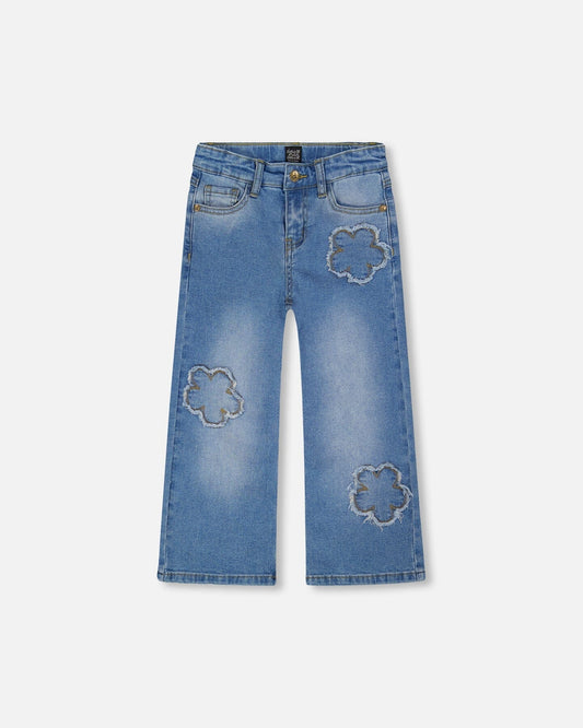 Wide Leg Stretch Light Blue Denim Jeans With Flower Stitching