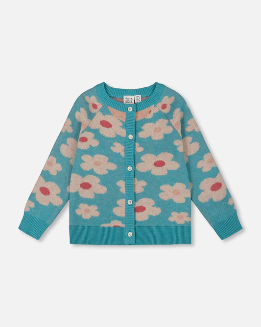 Button Front Knitted Cardigan Turquoise Blue