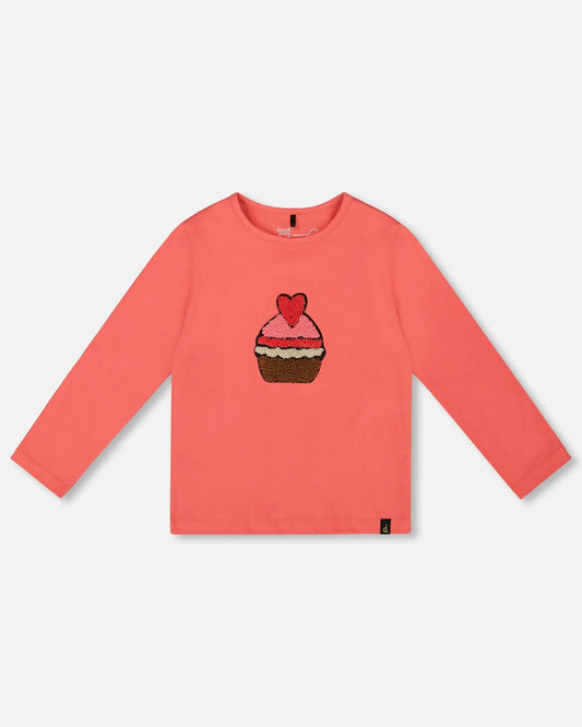 Organic Cotton T-Shirt Coral With Cupcake
