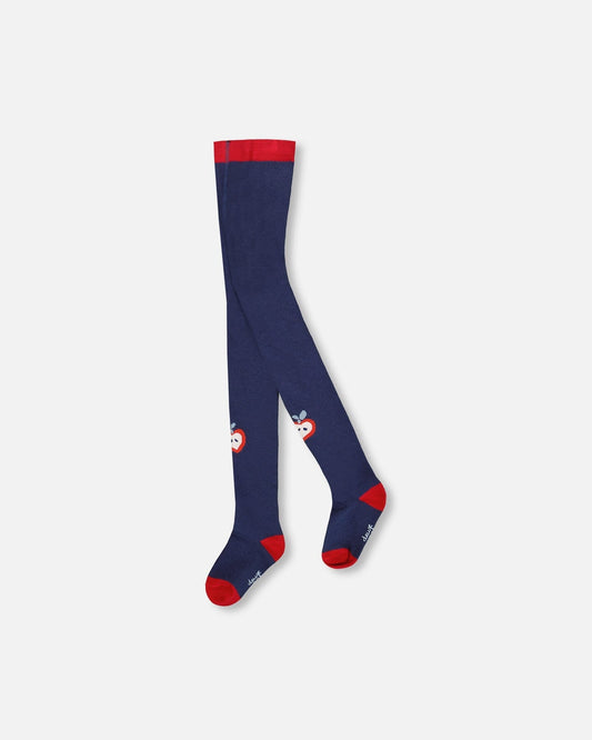 Knit Tights Navy Blue With Apples