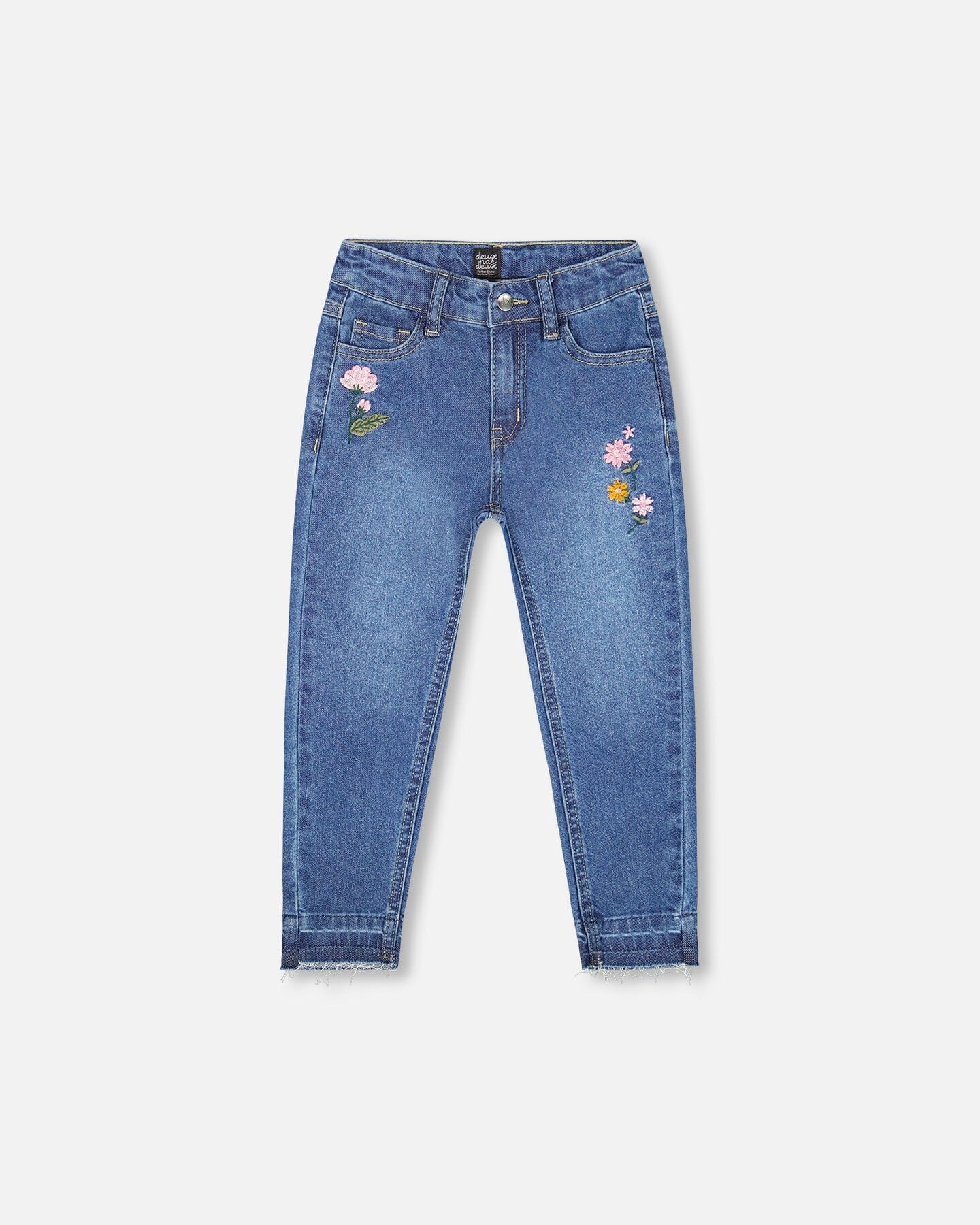 Jeans Blue Denim With Frayed Hems And Floral Embroideries
