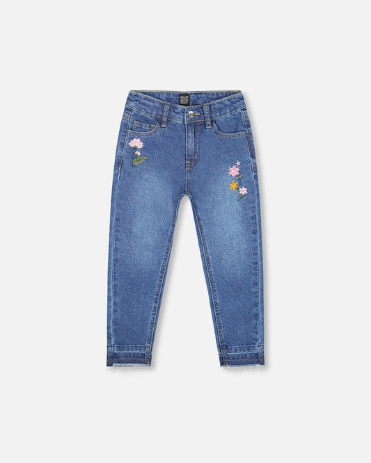 Jeans Blue Denim With Frayed Hems And Floral Embroideries