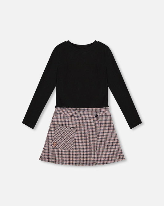 Bi-Material Dress Black And Houndstooth