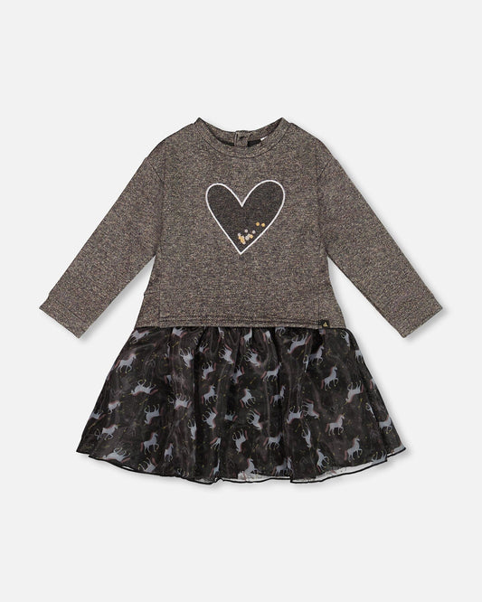 Bi-Material Dress Black With Mesh Skirt And Heart