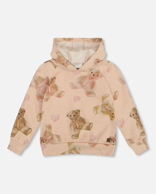 Glittering French Terry Hoodie Beige Teddy Bear Print