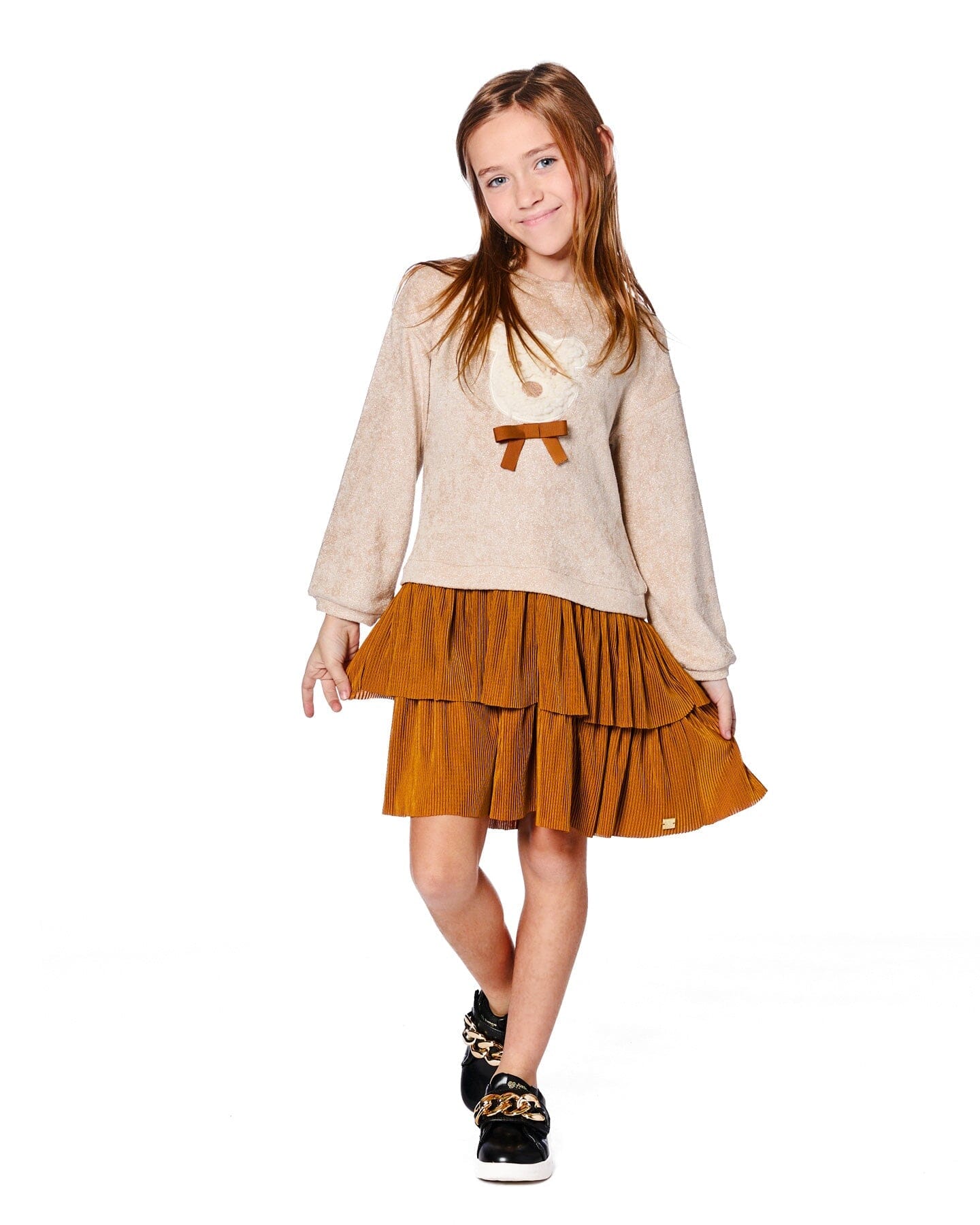 Bi-Material Dress Caramel Brown With Layered Skirt