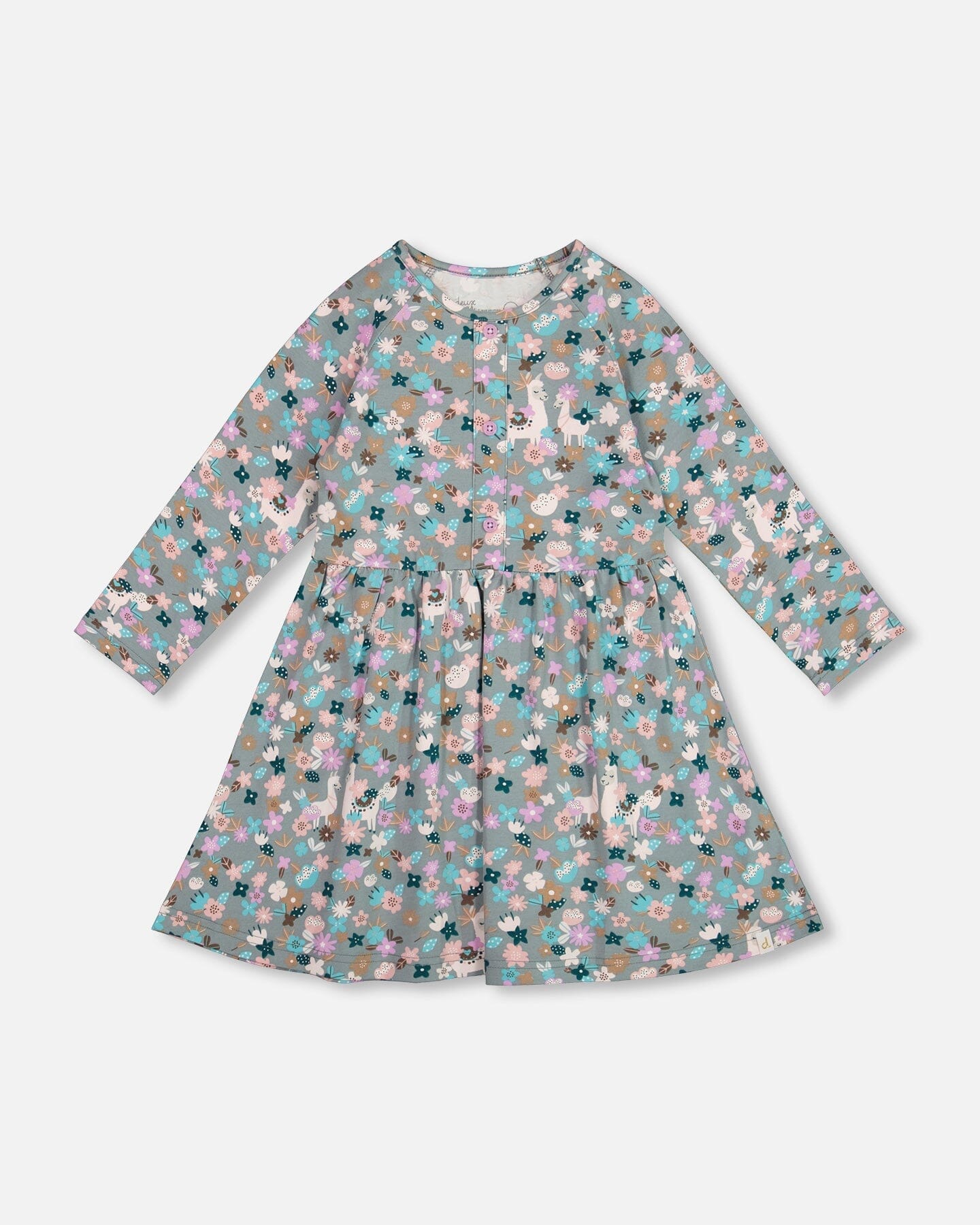 Half Button Organic Cotton Dress Blue Llama Print