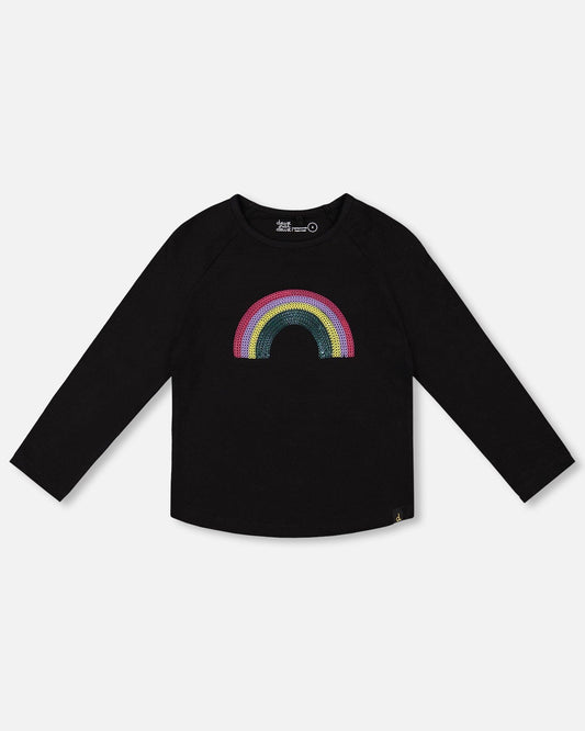 Organic Cotton Long Sleeve T-Shirt Black With Sequin Rainbow