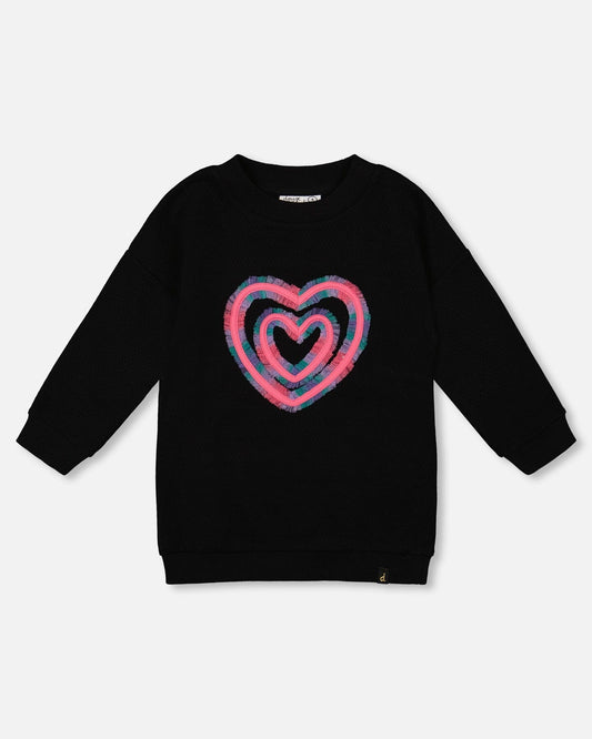 Fleece Jacquard Tunic Black With Heart Applique