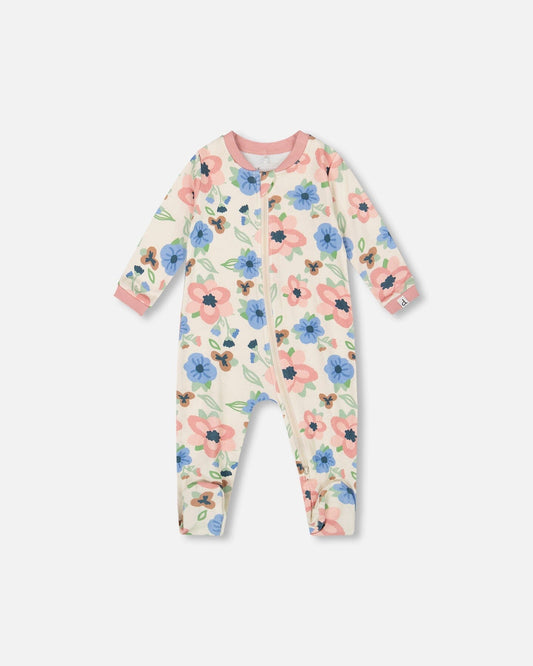 One-Piece Organic Cotton Pajama Off-White Flower Print