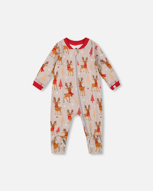 One-Piece Organic Cotton Pajama Beige Reindeer Print
