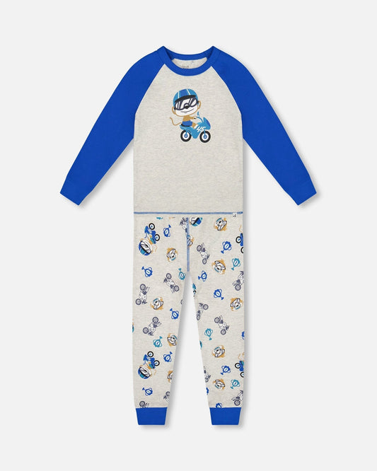 Two-Piece Organic Cotton Pajama Set Beige Monkey Print
