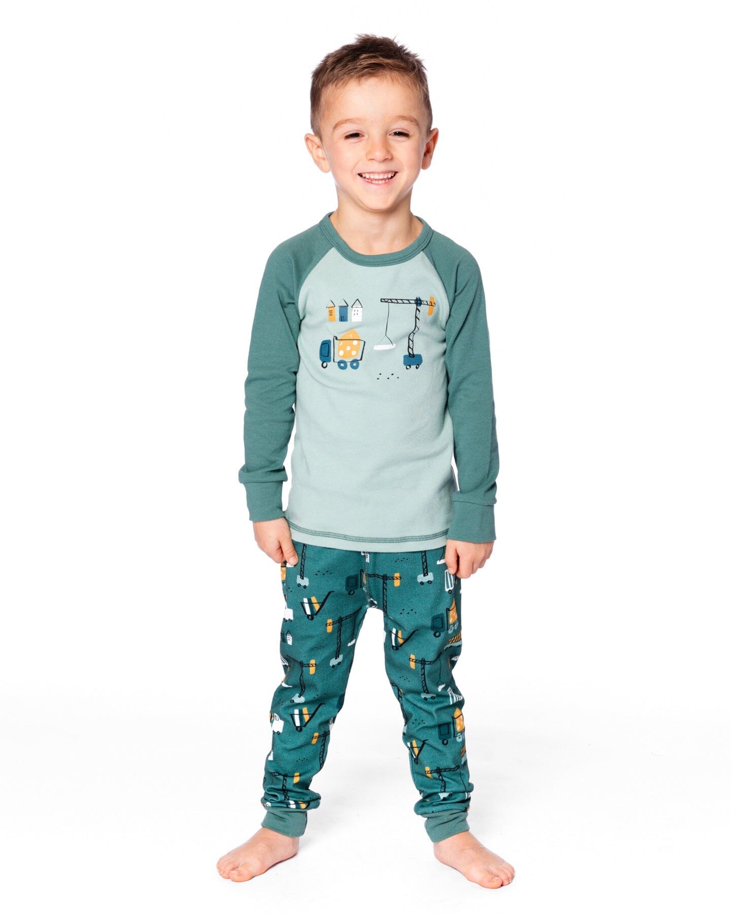Two-Piece Organic Cotton Pajama Set Teal Construction Print