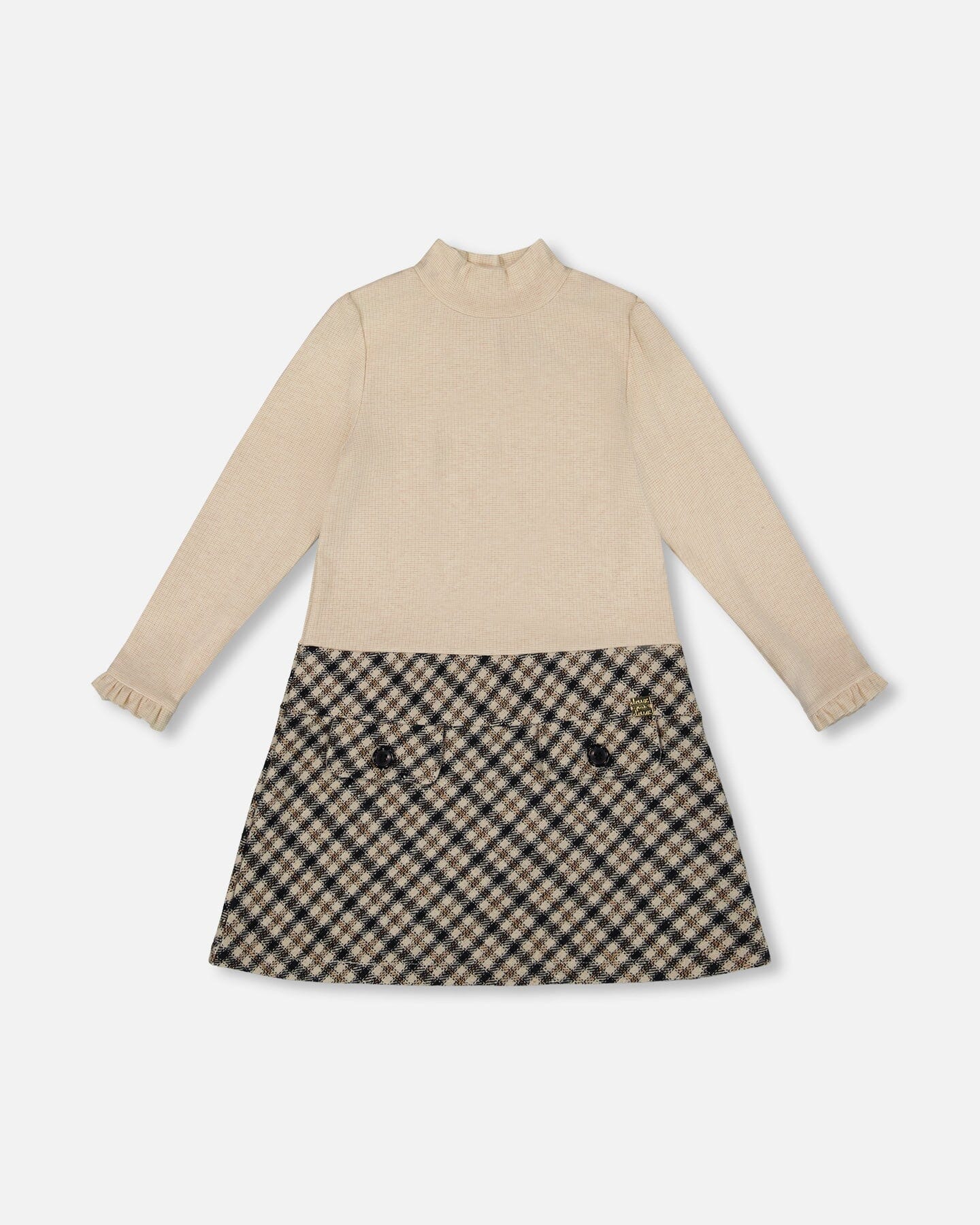 Long Sleeve Bi-Material Mock Neck Dress Beige And Plaid