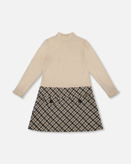 Long Sleeve Bi-Material Mock Neck Dress Beige And Plaid