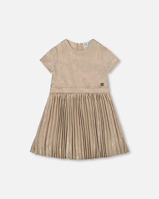 Short Sleeve Dress With Pleated Skirt Light Caramel