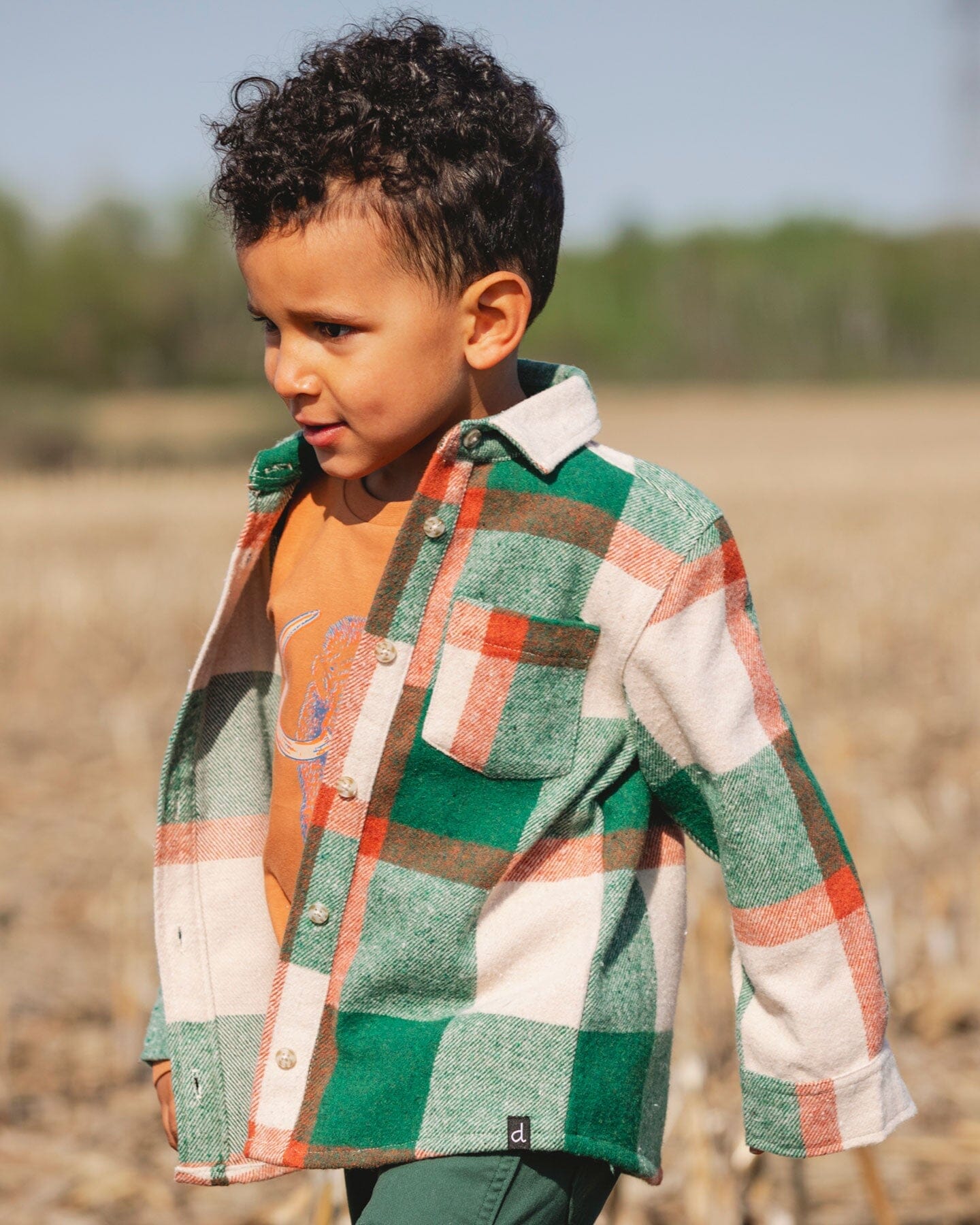 Long Sleeve Yarn Dyed Plaid Shirt Green And Orange