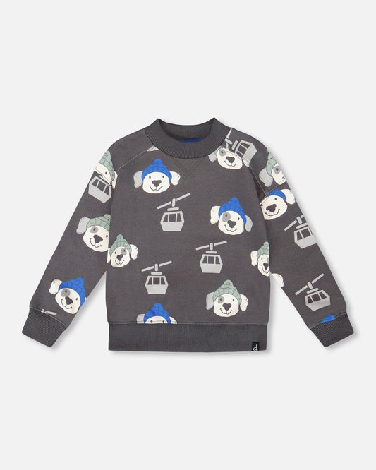 Fleece Pullover Sweatshirt Gray Dog Print