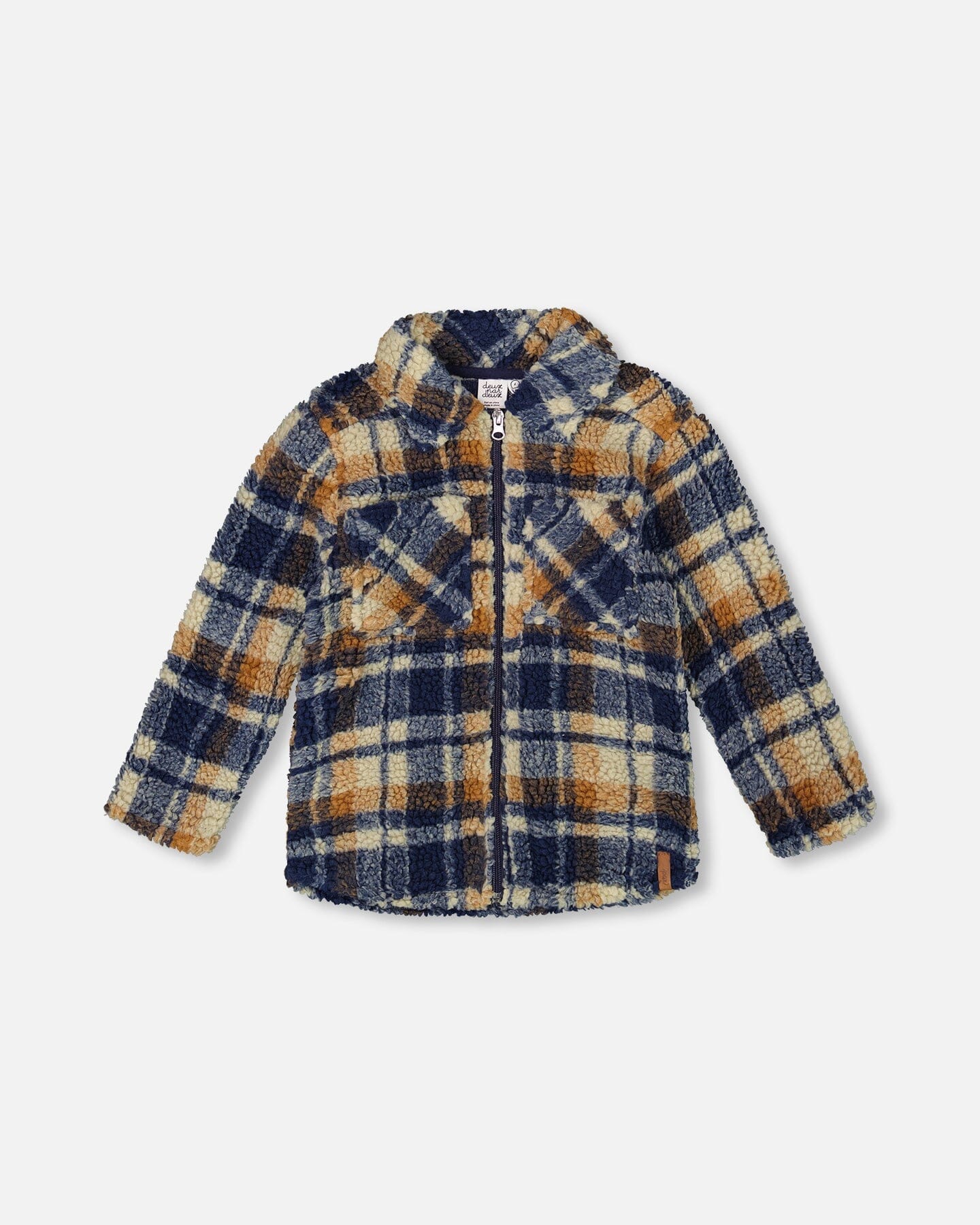 Sherpa Long Sleeve Zip Front Overshirt Blue And Brown Plaid
