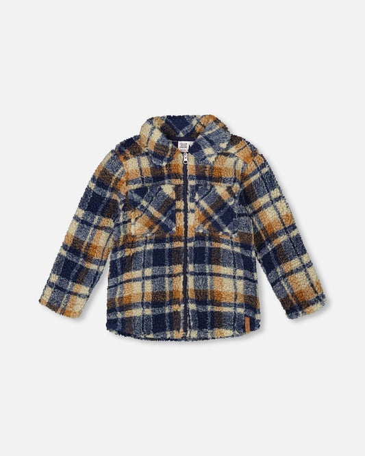 Sherpa Long Sleeve Zip Front Overshirt Blue And Brown Plaid