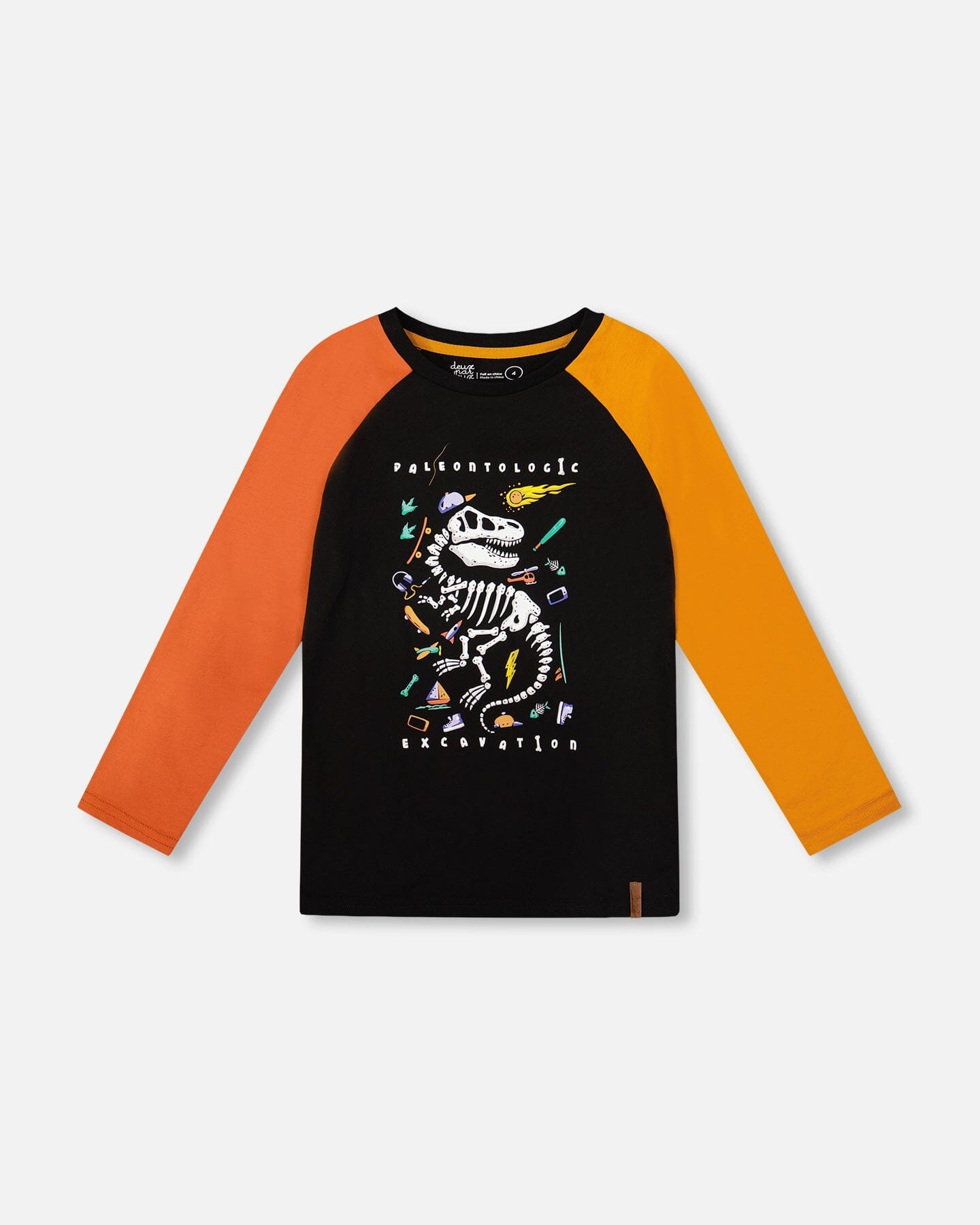 Black Long Sleeve Raglan T-Shirt With Glow-In-The-Dark Dinosaur Print