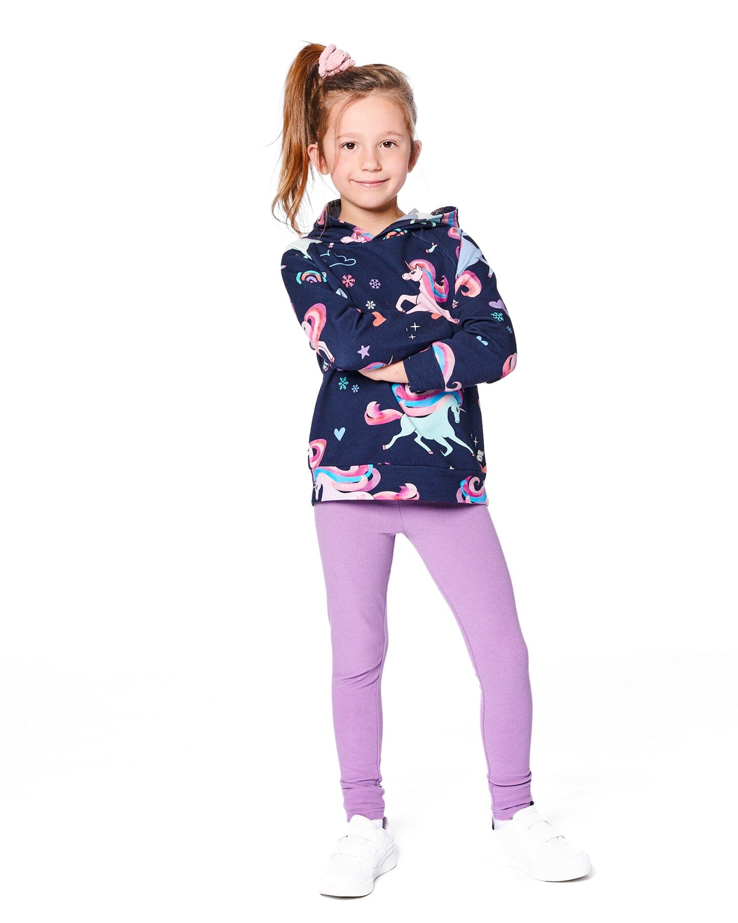 Pullover Fleece Hoodie Navy Unicorn Print