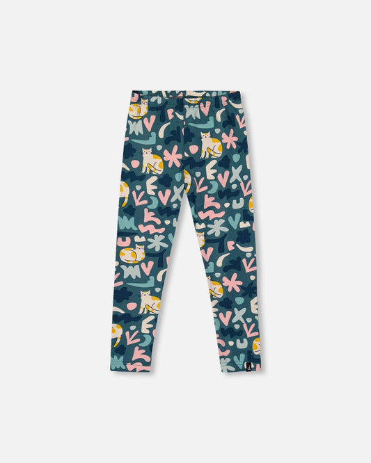 Stretch Jersey Leggings Green Cat Print
