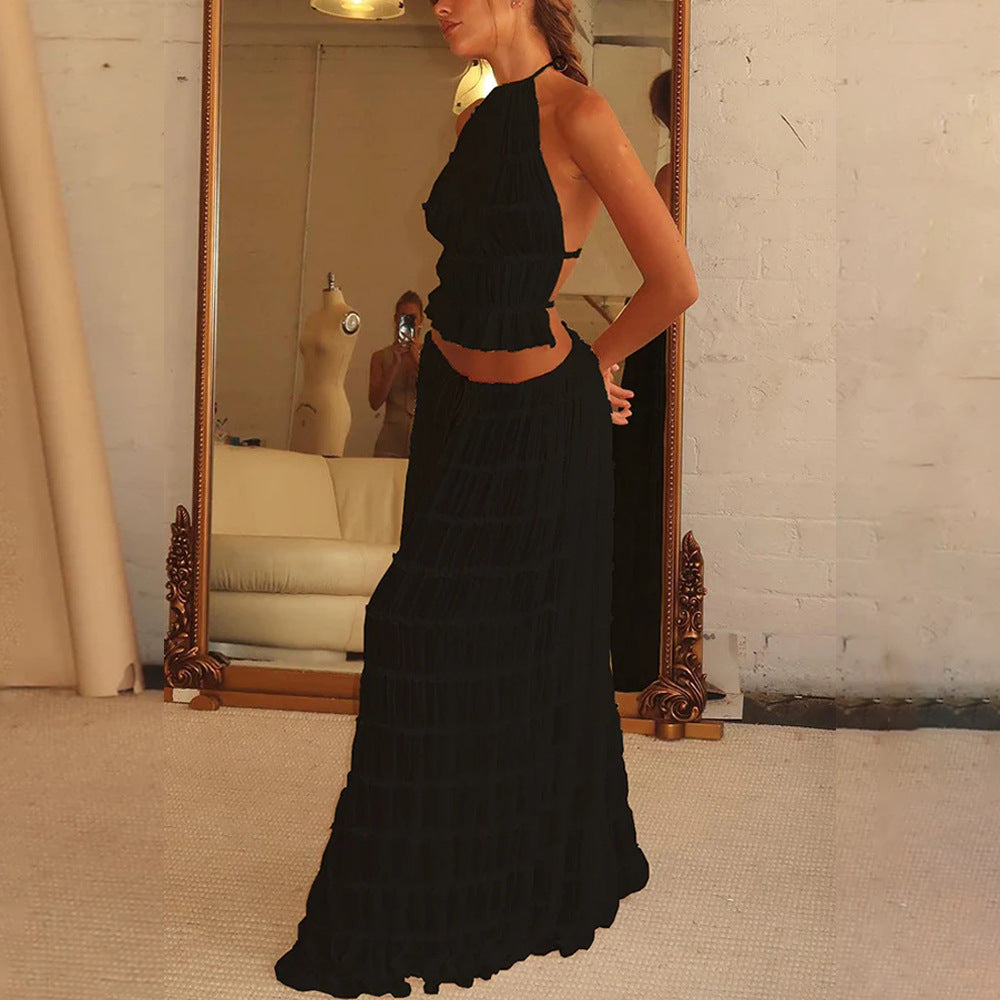 2pcs Women's Dress Suit Sleeveless Backless Cropped Halter Top And Pleated Long Skirt Beach Clothing
