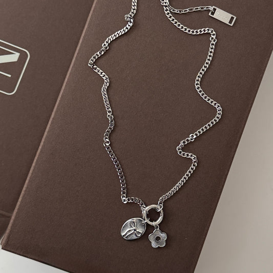 Bow and Flower Necklace- Silver