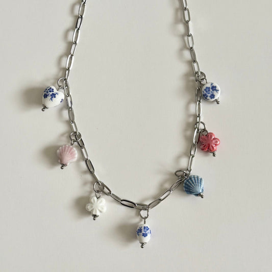 Ceramic Charm Necklace- Silver