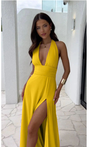 Halterneck V-neck Slit Dress Summer Backless Strappy Skirt Fashion