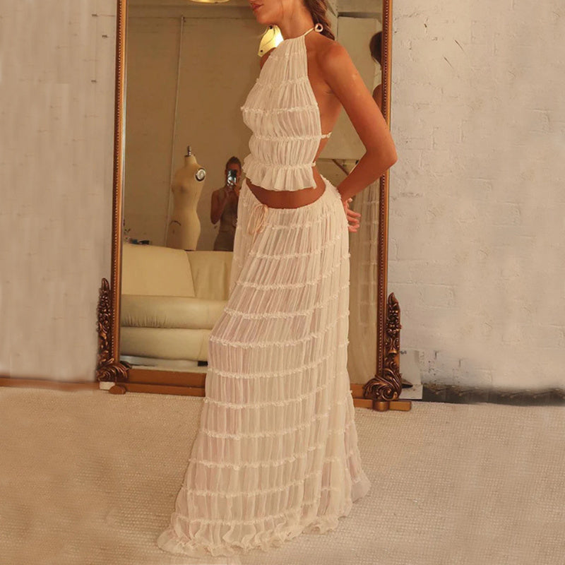 2pcs Women's Dress Suit Sleeveless Backless Cropped Halter Top And Pleated Long Skirt Beach Clothing