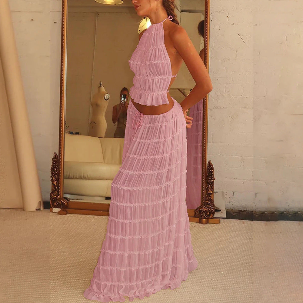 2pcs Women's Dress Suit Sleeveless Backless Cropped Halter Top And Pleated Long Skirt Beach Clothing