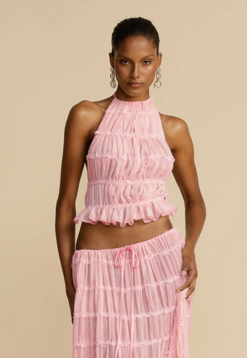 2pcs Women's Dress Suit Sleeveless Backless Cropped Halter Top And Pleated Long Skirt Beach Clothing